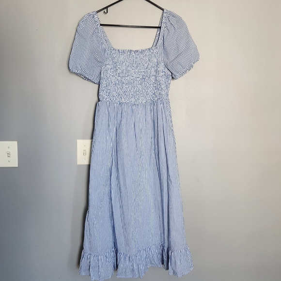 J Crew Midi Puff Sleeve White And Blue Striped Dress - Picture 3 of 11